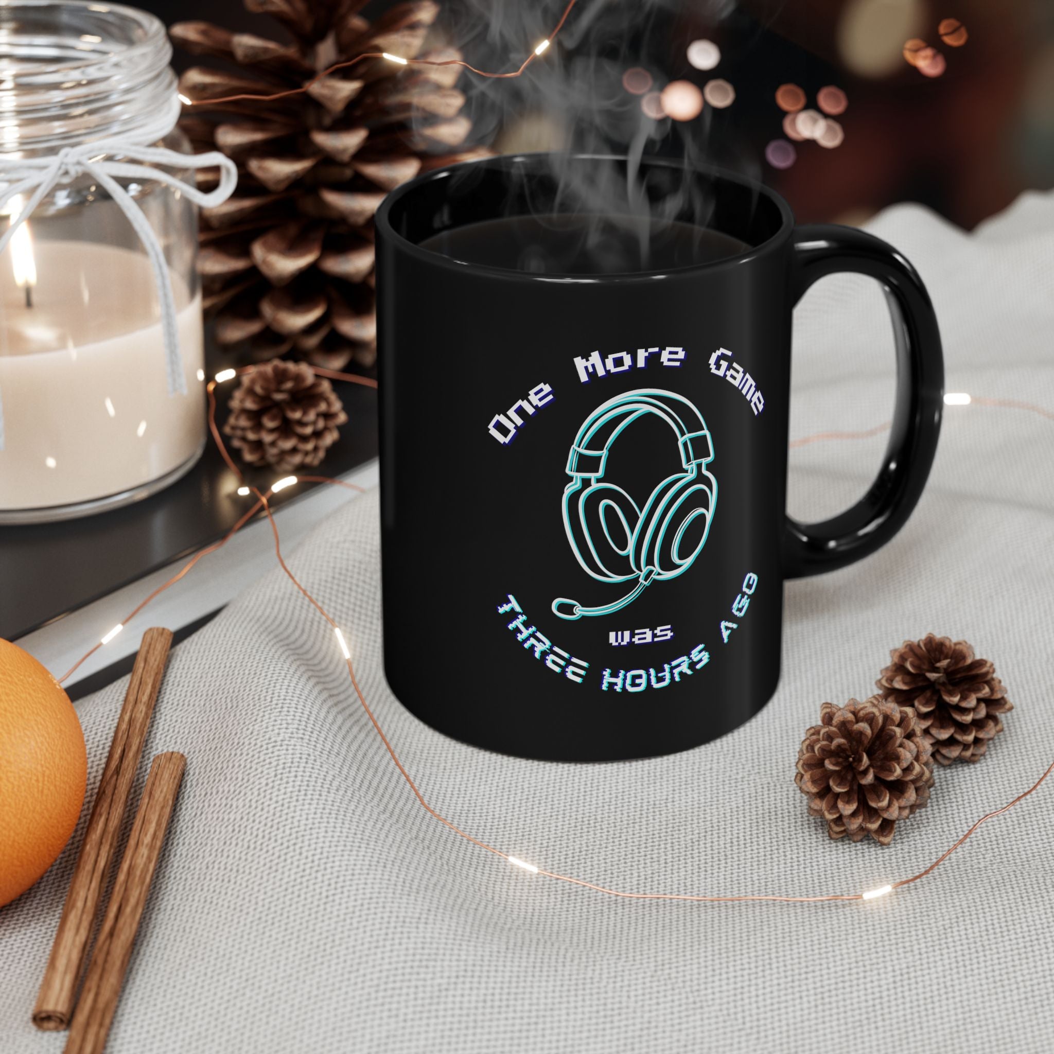 One More Game Was Three Hours Ago Mug, Funny Gamer Humor, Retro Neon Black Ceramic