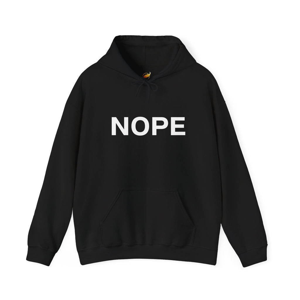 A black pullover hoodie with the word 'NOPE' printed in bold white capital letters across the chest on a solid white background.