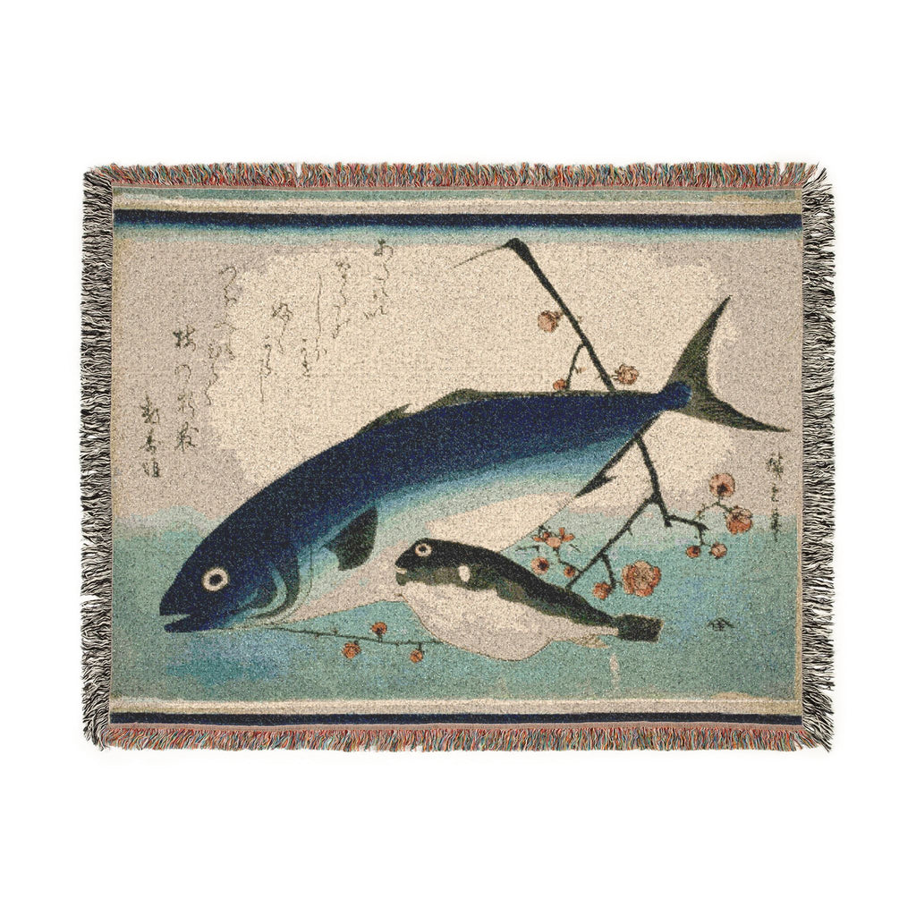 Yellowtail, Blowfish, and Plum Branch Woven Blanket, Utagawa Hiroshige, Japanese Art Throw