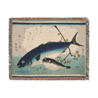 Yellowtail, Blowfish, and Plum Branch Woven Blanket, Utagawa Hiroshige, Japanese Art Throw