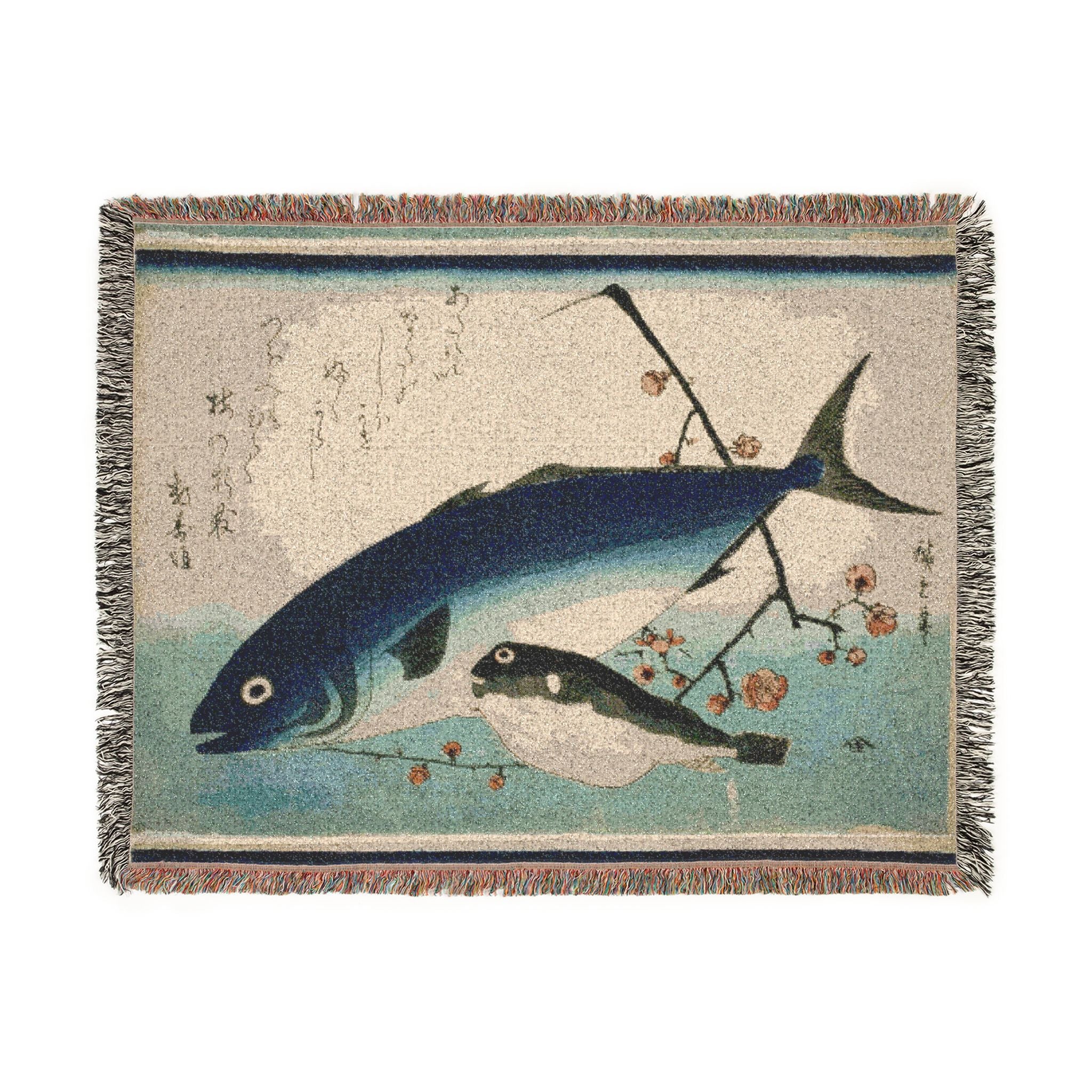 Yellowtail, Blowfish, and Plum Branch Woven Blanket, Utagawa Hiroshige, Japanese Art Throw