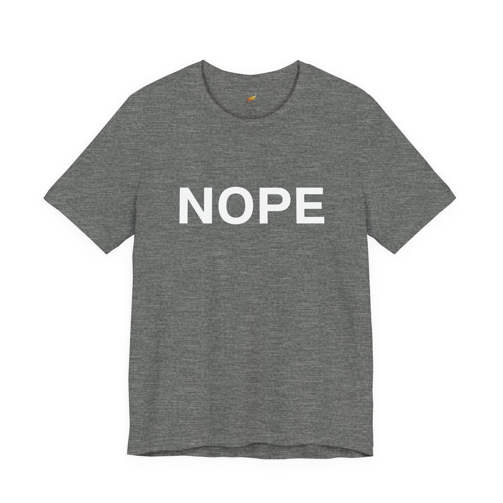 A deep heather gray short-sleeve crewneck t-shirt with the word 'NOPE' printed in bold white capital letters across the chest, displayed on a clean white background.