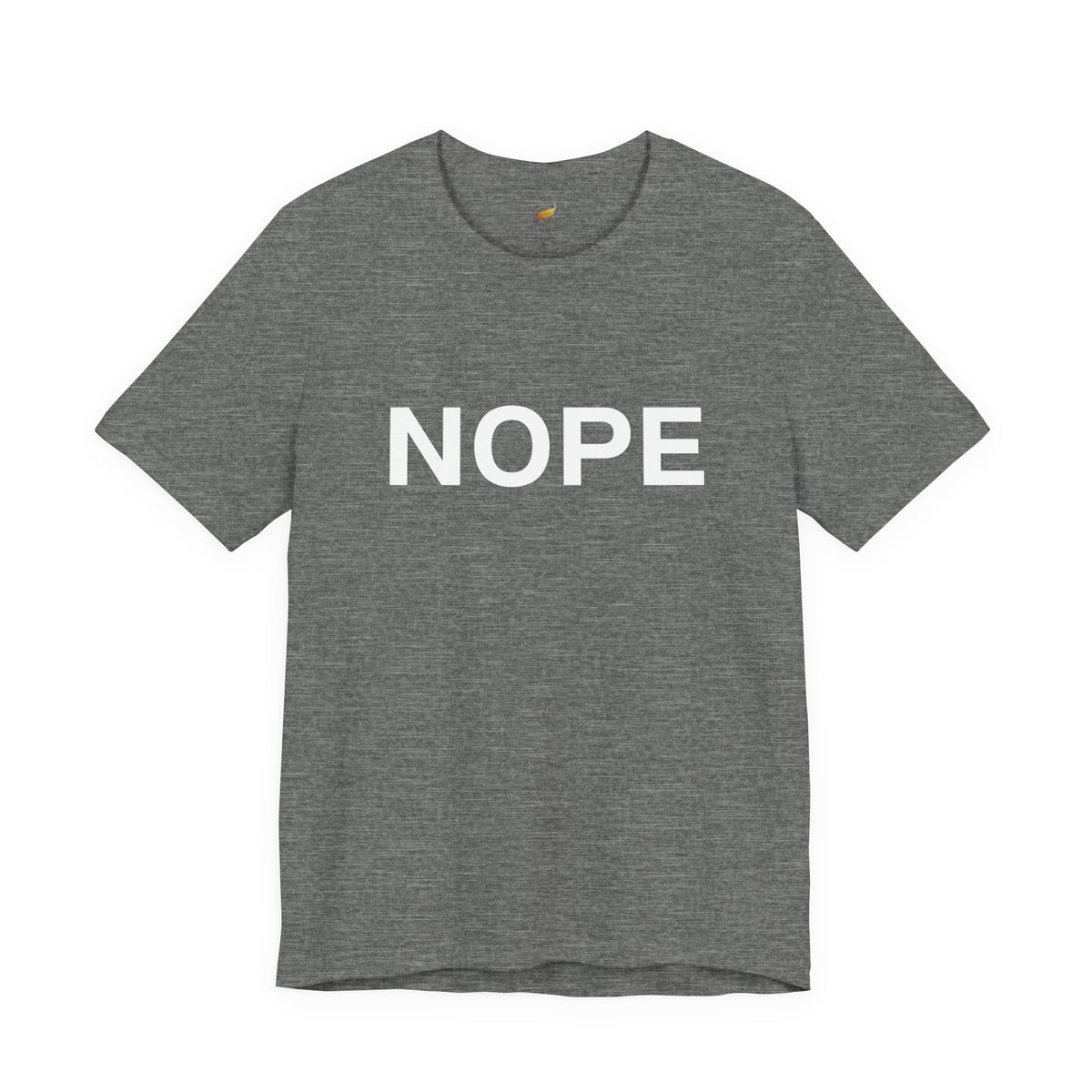 A deep heather gray short-sleeve crewneck t-shirt with the word 'NOPE' printed in bold white capital letters across the chest, displayed on a clean white background.