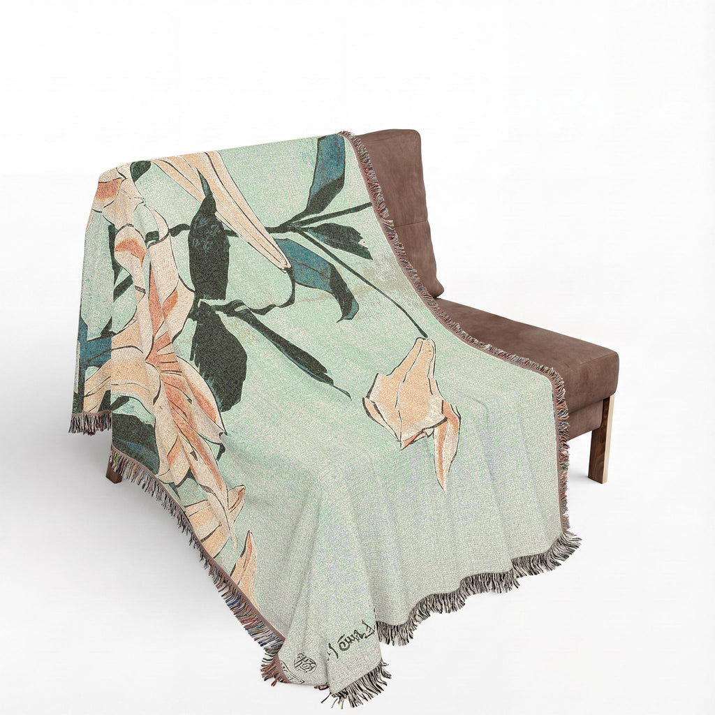 Lilies Woven Blanket, Katsushika Hokusai, Japanese Botanical Art Throw