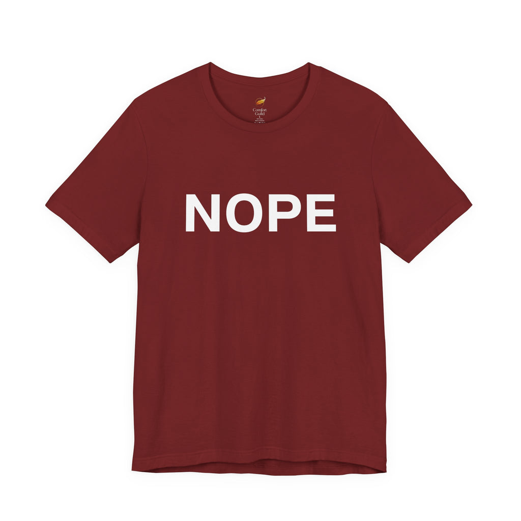 A cardinal red short-sleeve crewneck t-shirt with the word 'NOPE' printed in bold white capital letters across the chest, displayed on a clean white background.