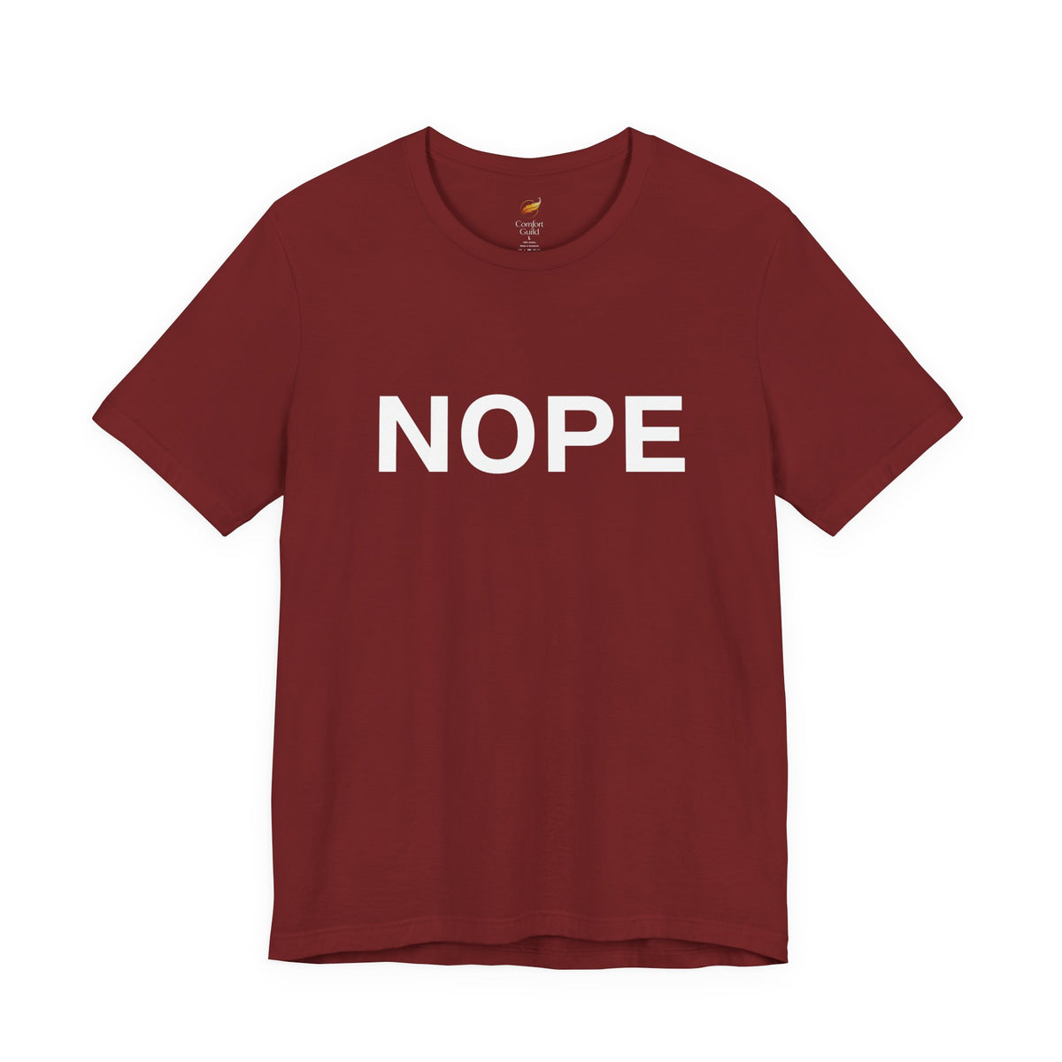 A cardinal red short-sleeve crewneck t-shirt with the word 'NOPE' printed in bold white capital letters across the chest, displayed on a clean white background.