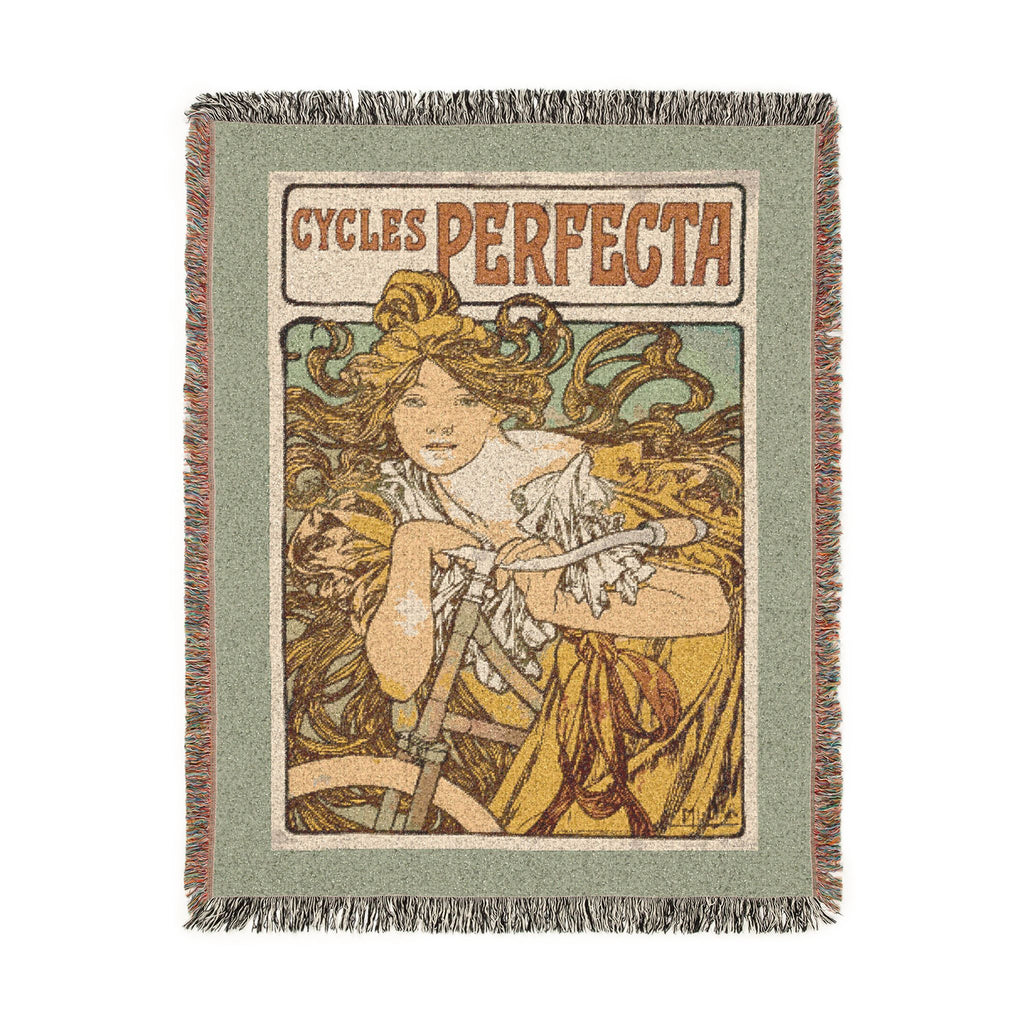 Cycles Perfecta Woven Blanket, Alphonse Mucha, Art Nouveau Bicycle Poster