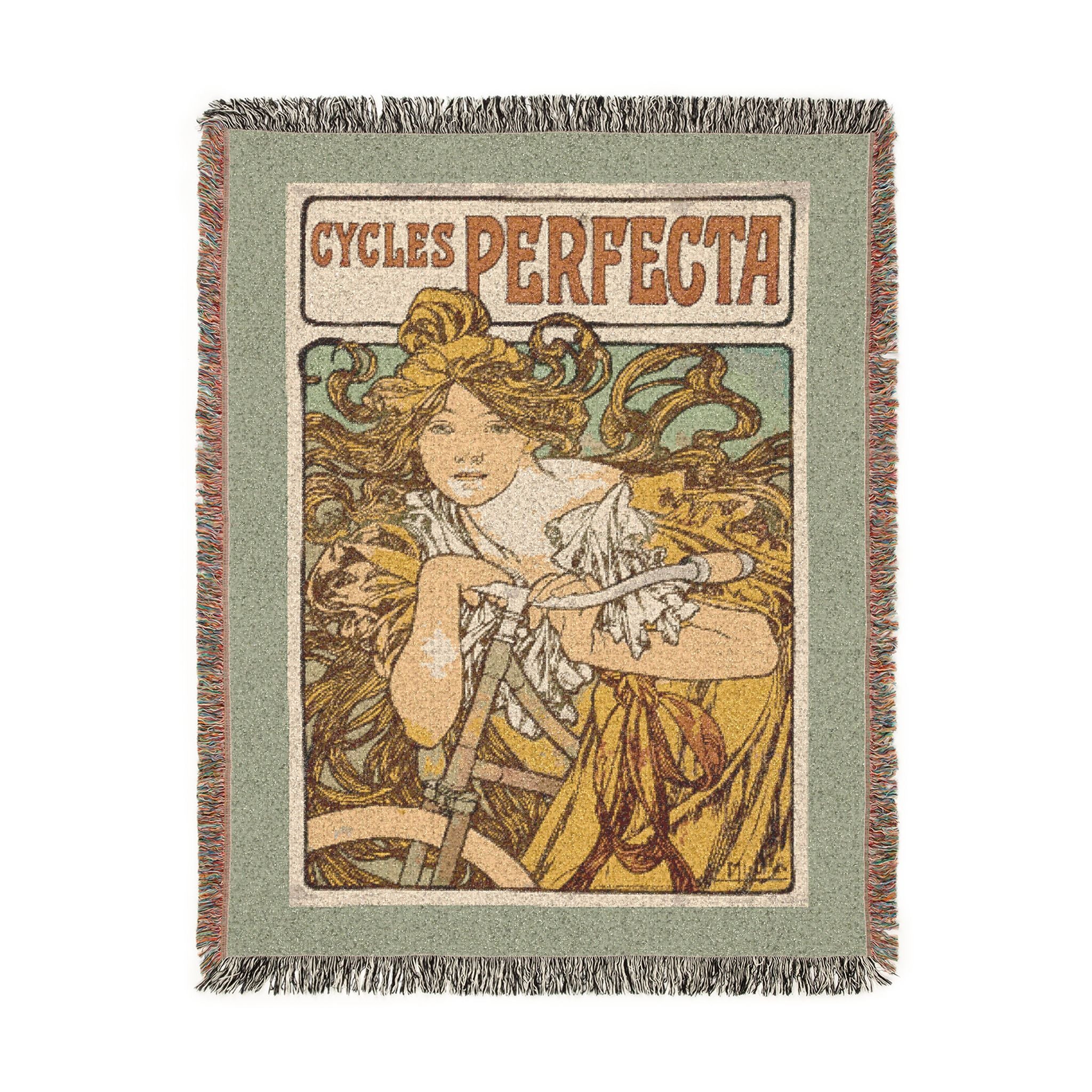 Cycles Perfecta Woven Blanket, Alphonse Mucha, Art Nouveau Bicycle Poster
