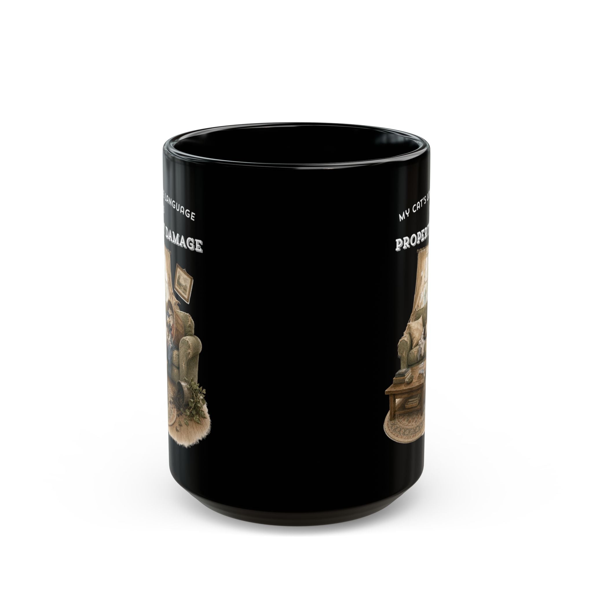 My Cat's Love Language is Property Damage Mug, Funny Cat Humor, Black Ceramic