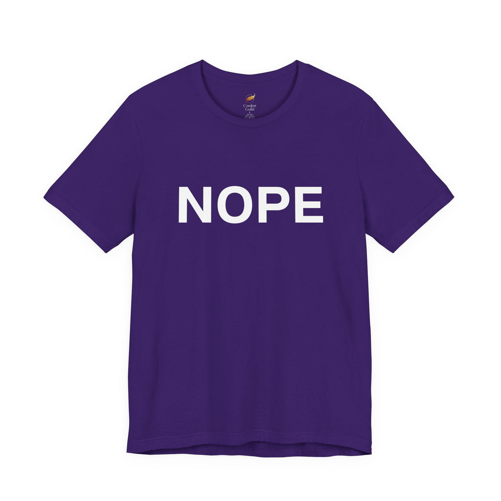 A team purple short-sleeve crewneck t-shirt with the word 'NOPE' printed in bold white capital letters across the chest, displayed on a clean white background.