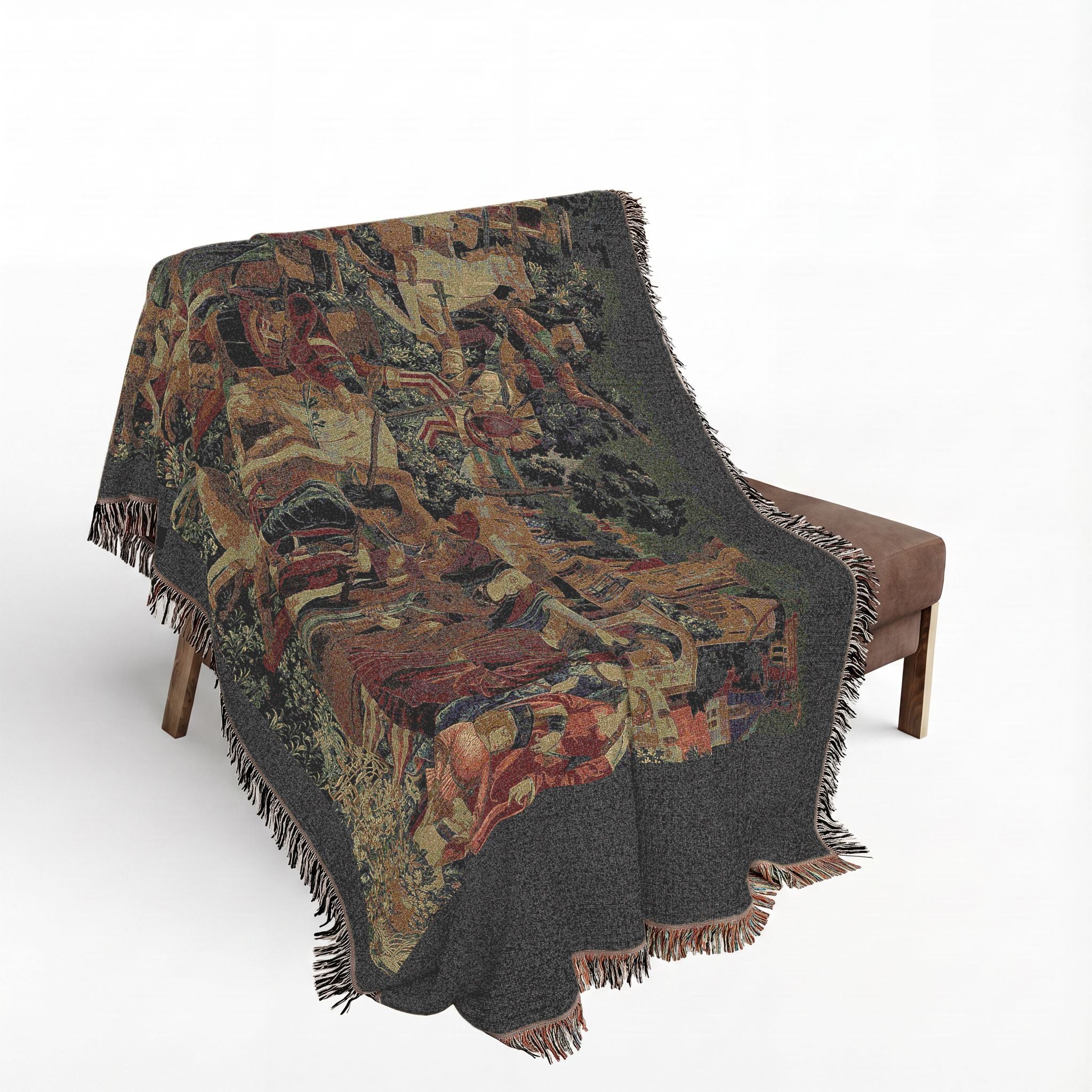 The Hunters Return to the Castle Woven Blanket, Medieval Unicorn Tapestry Art Throw