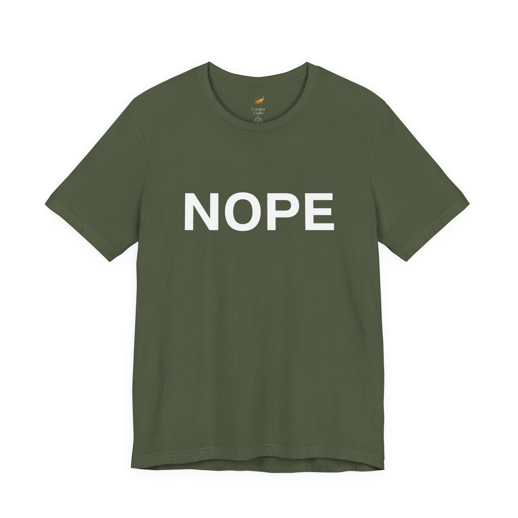 A military green short-sleeve crewneck t-shirt with the word 'NOPE' printed in bold white capital letters across the chest, displayed on a clean white background.