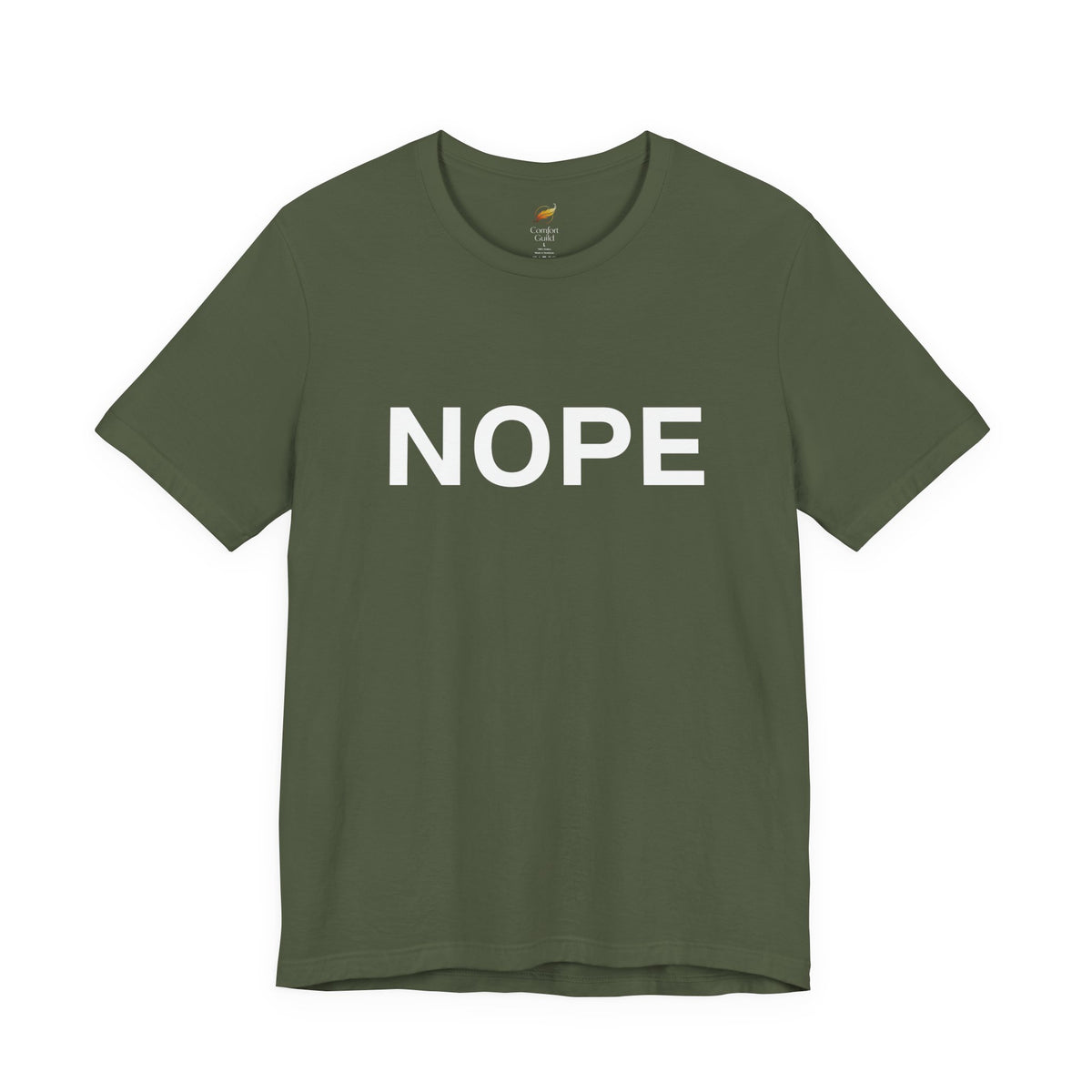 A military green short-sleeve crewneck t-shirt with the word 'NOPE' printed in bold white capital letters across the chest, displayed on a clean white background.