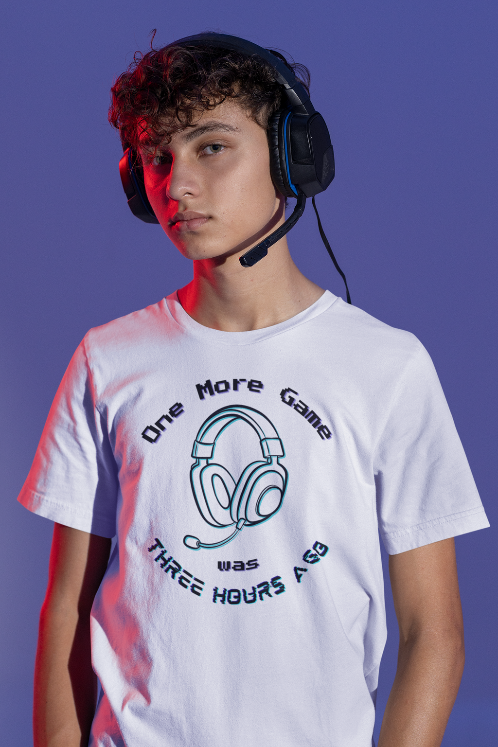 One More Game Graphic Tee, Funny Gamer T-Shirt, Neon Headset