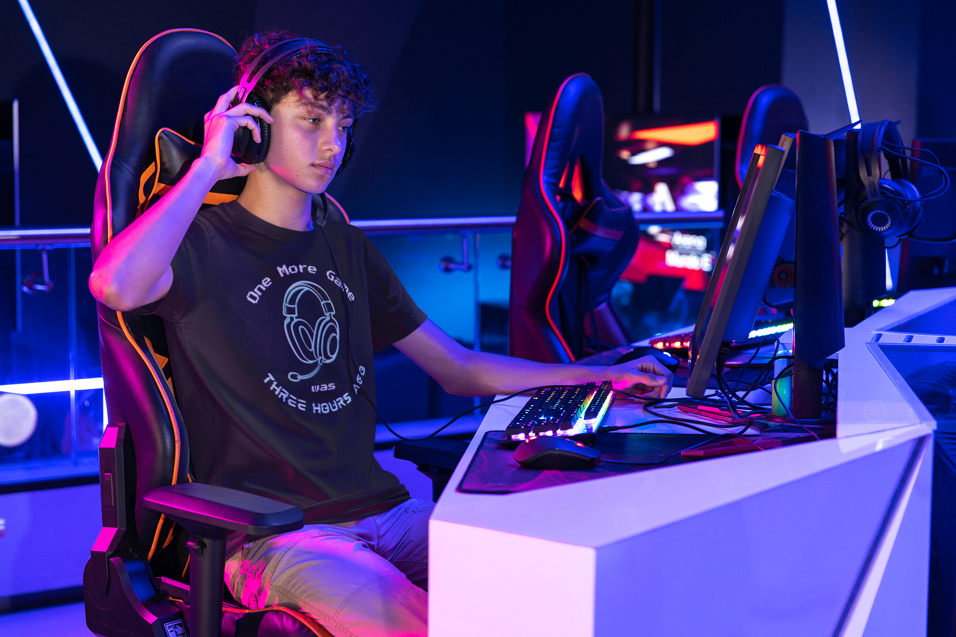 One More Game Graphic Tee, Funny Gamer T-Shirt, Neon Headset