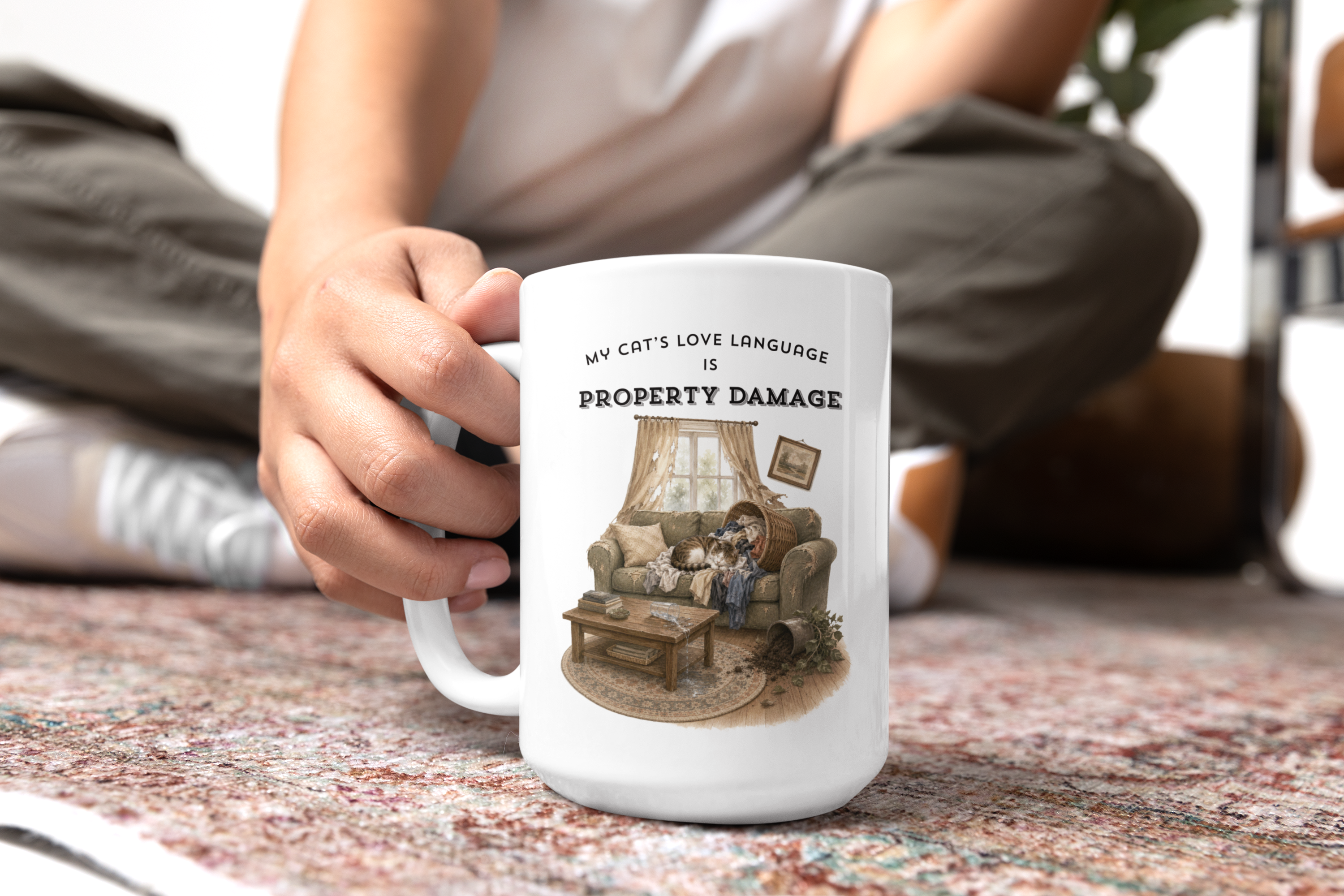 My Cat's Love Language is Property Damage Mug, Funny Cat Humor, White Ceramic
