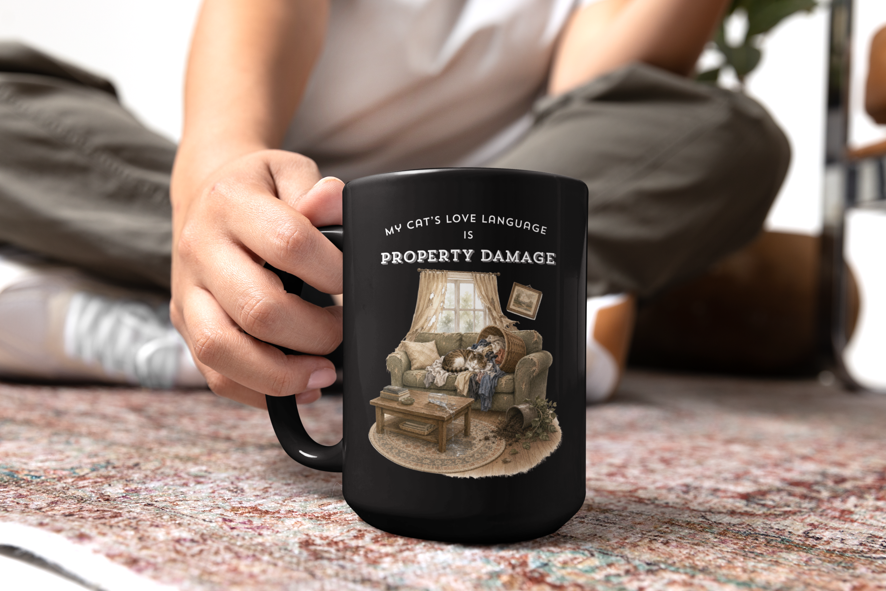 My Cat's Love Language is Property Damage Mug, Funny Cat Humor, Black Ceramic