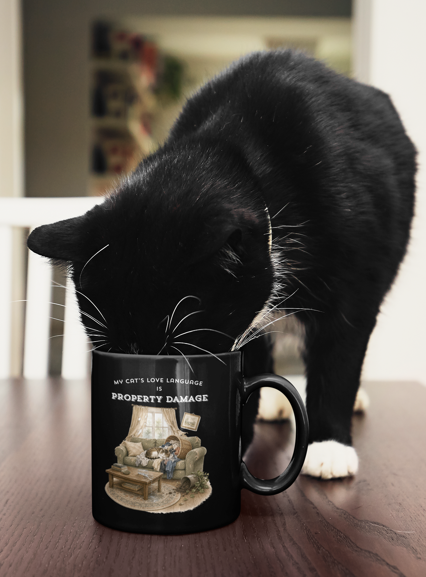 My Cat's Love Language is Property Damage Mug, Funny Cat Humor, Black Ceramic