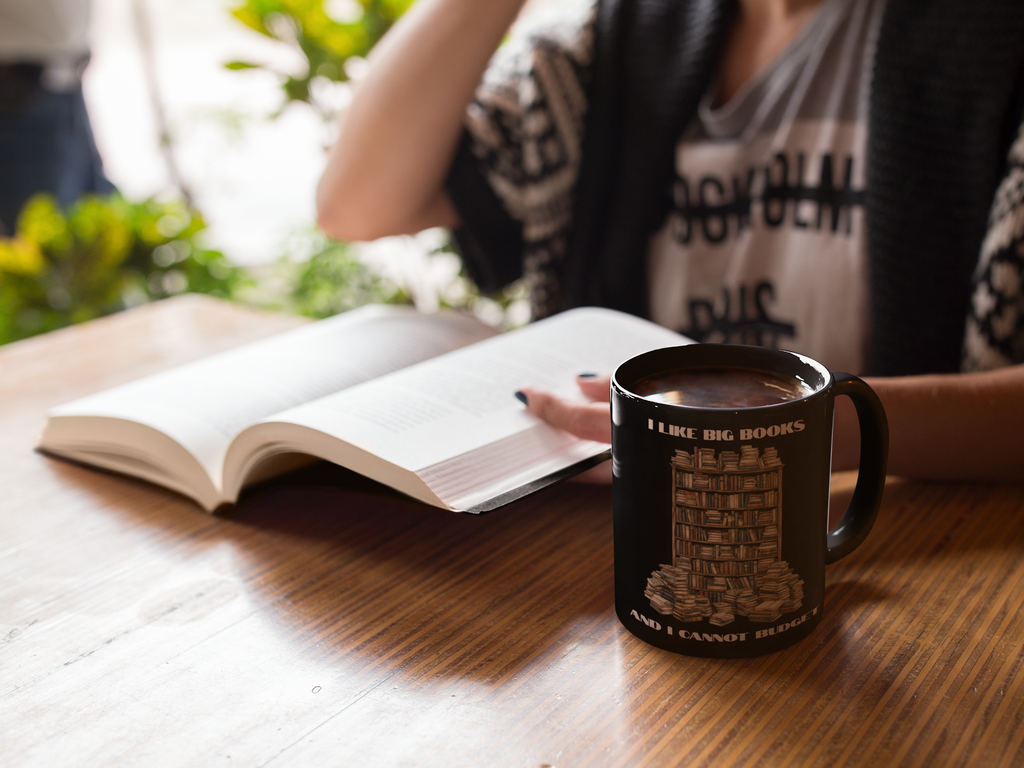 I Like Big Books And I Cannot Budget Mug, Funny Book Lover Humor, Black Ceramic