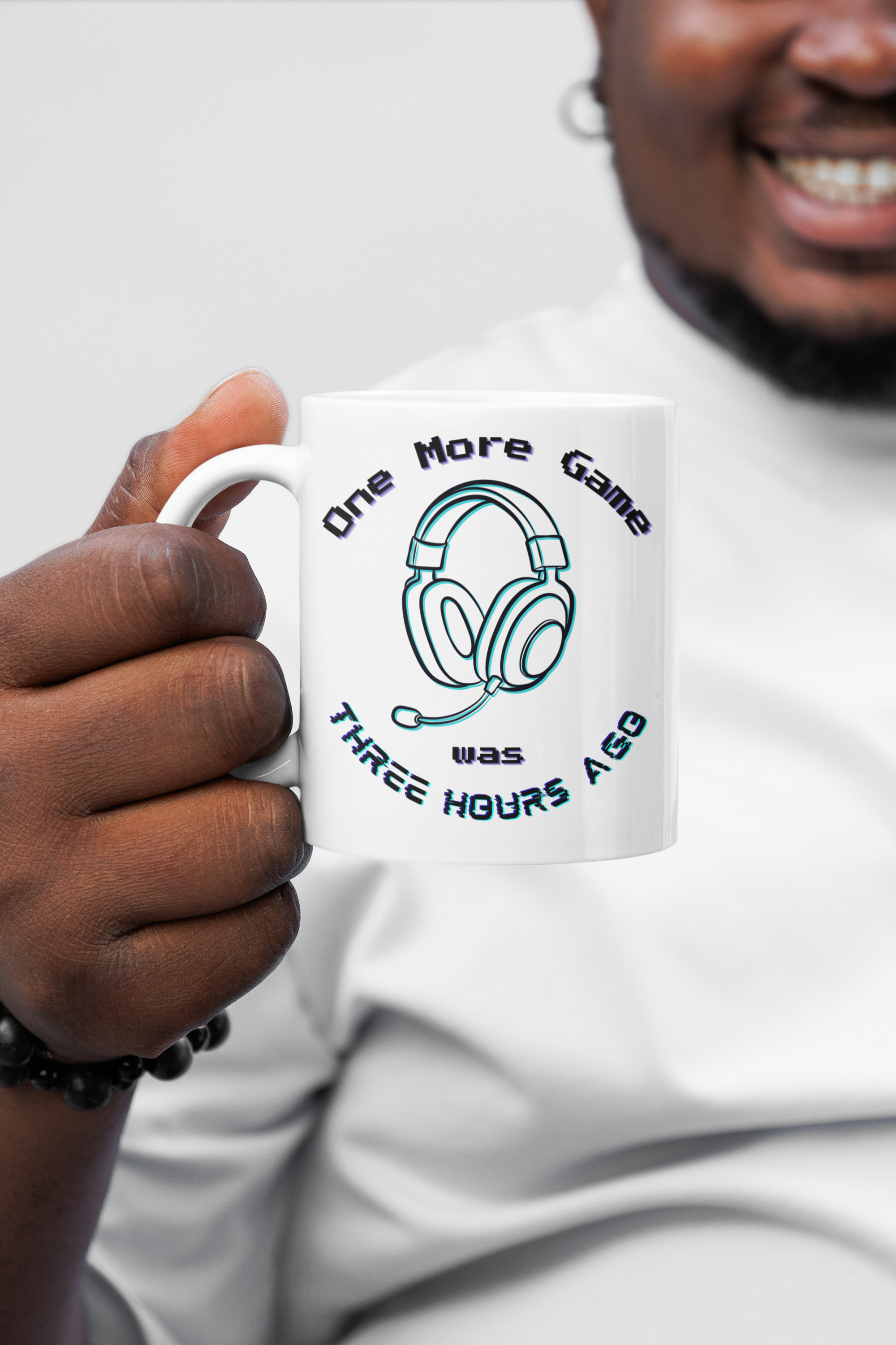 One More Game Was Three Hours Ago Mug, Funny Gamer Humor, Retro Neon White Ceramic