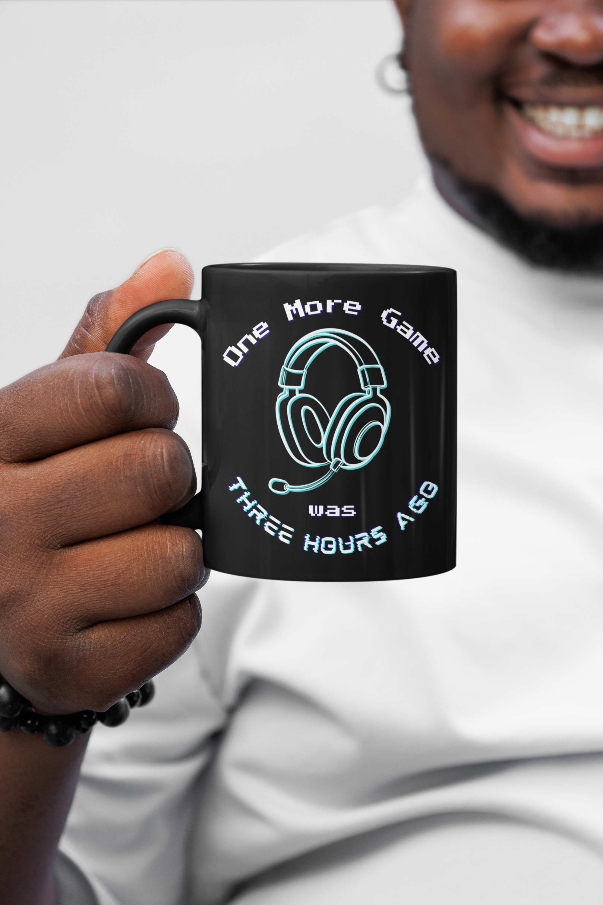 One More Game Was Three Hours Ago Mug, Funny Gamer Humor, Retro Neon Black Ceramic