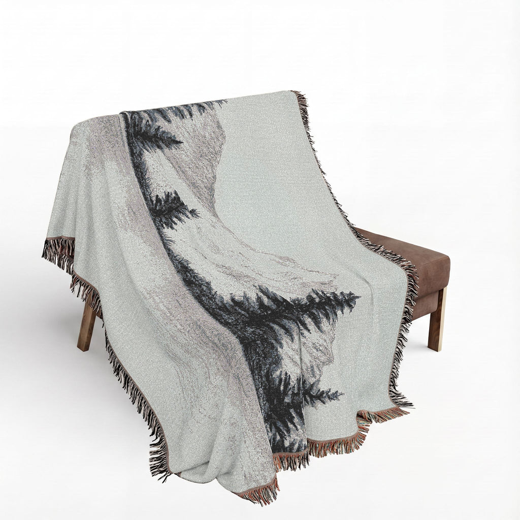 Mountain Lake Reflection Woven Blanket | Scenic Pine Trees, Neutral Tones