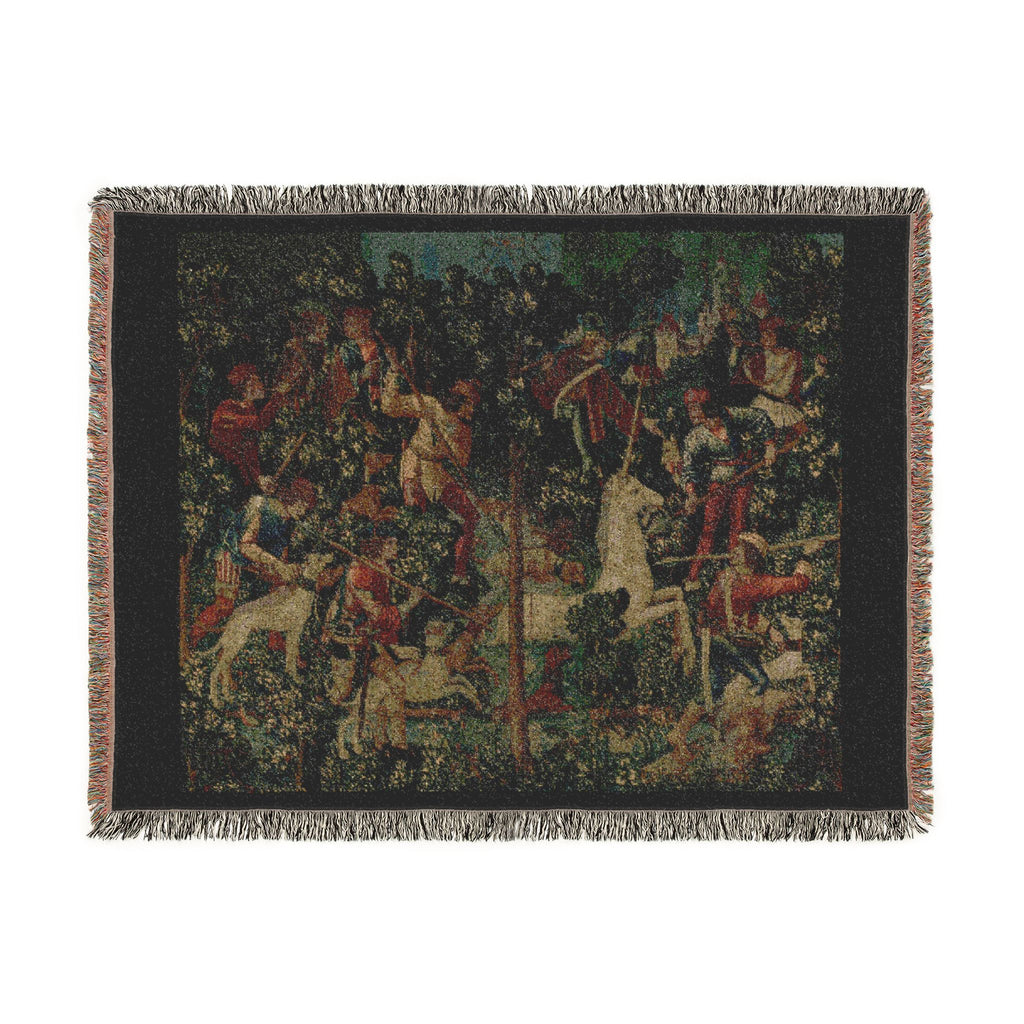 The Unicorn Crosses a Stream Woven Blanket, Medieval Unicorn Tapestry Art Throw