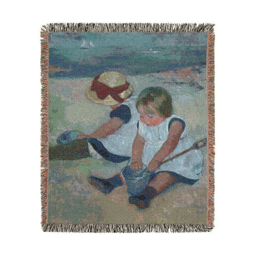 Children Playing on the Beach Woven Blanket, Mary Cassatt, Impressionist Art Throw