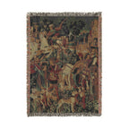 The Hunters Return to the Castle Woven Blanket, Medieval Unicorn Tapestry Art Throw