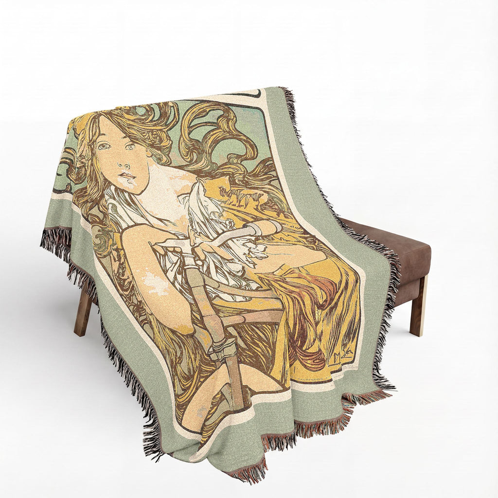Cycles Perfecta Woven Blanket, Alphonse Mucha, Art Nouveau Bicycle Poster