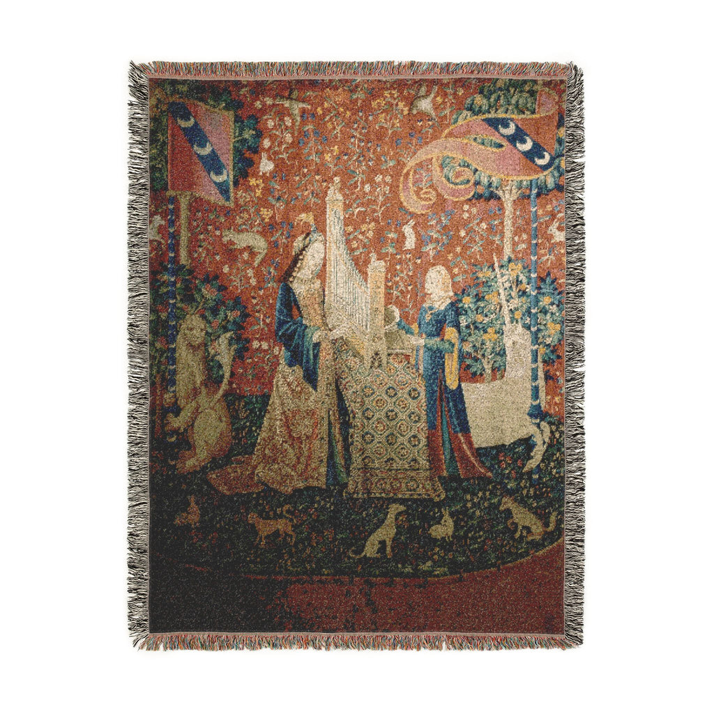 The Lady and the Unicorn Hearing Woven Blanket, Medieval Tapestry Art Throw