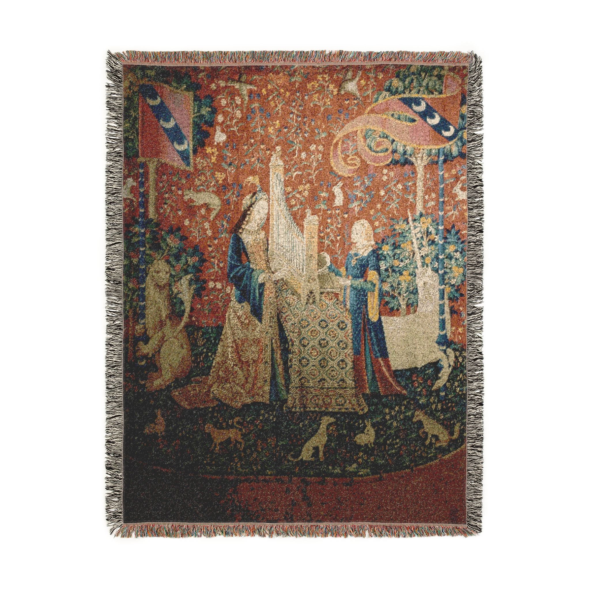 The Lady and the Unicorn Hearing Woven Blanket, Medieval Tapestry Art Throw