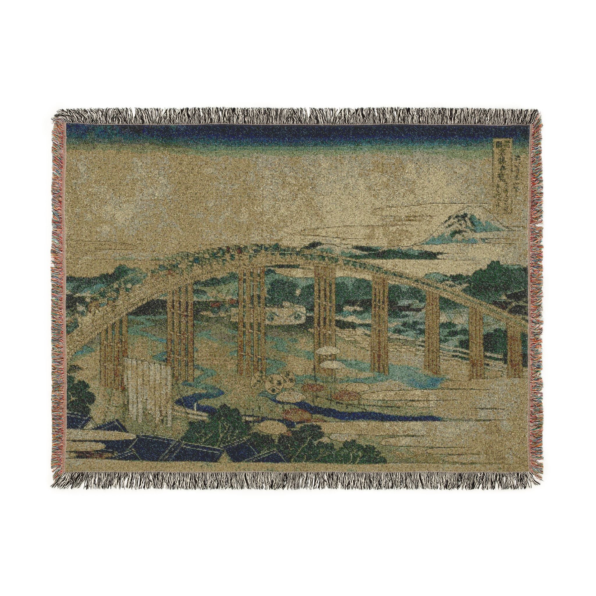 Yahagi Bridge at Okazaki Woven Blanket, Katsushika Hokusai, Muted Japanese Woodblock Art