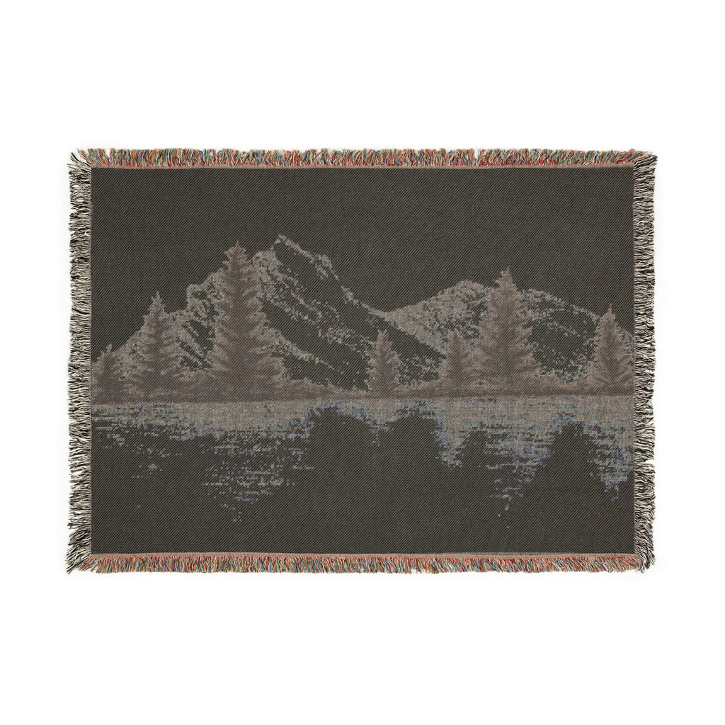 Mountain Lake Reflection Woven Blanket | Scenic Pine Trees, Neutral Tones
