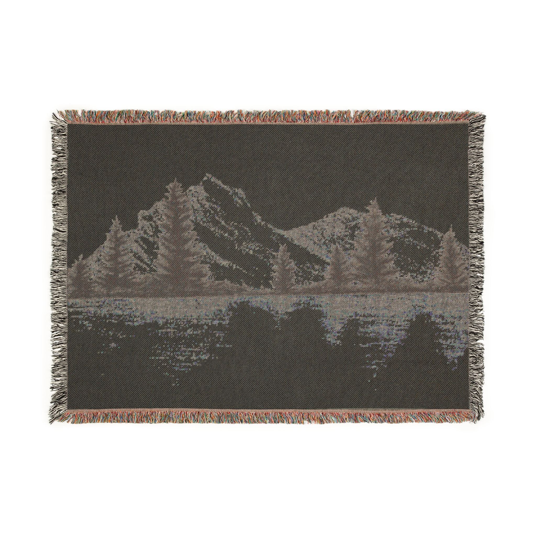 Mountain Lake Reflection Woven Blanket | Scenic Pine Trees, Neutral Tones