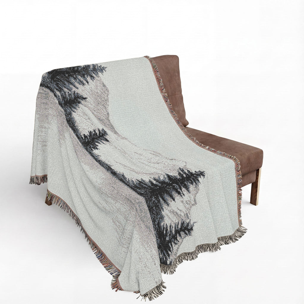 Mountain Lake Reflection Woven Blanket | Scenic Pine Trees, Neutral Tones