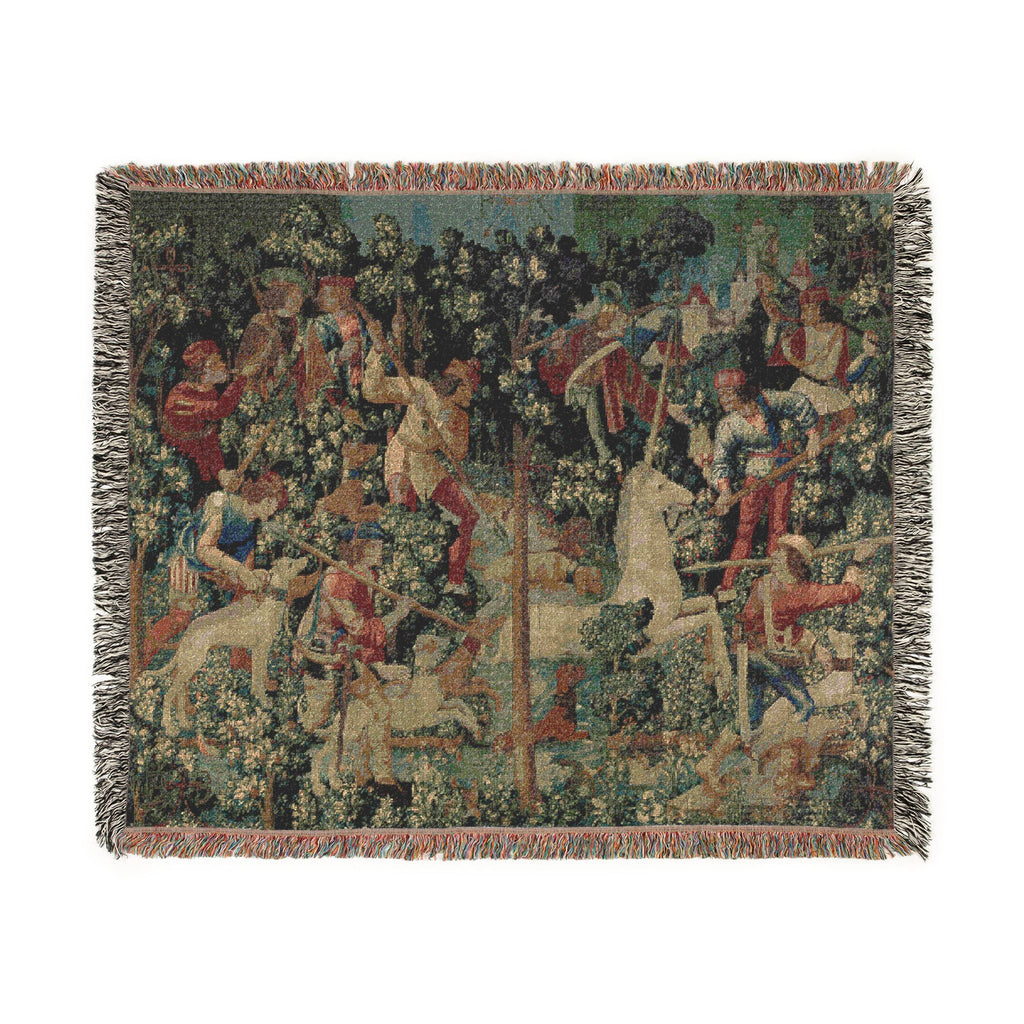 The Unicorn Crosses a Stream Woven Blanket, Medieval Unicorn Tapestry Art Throw