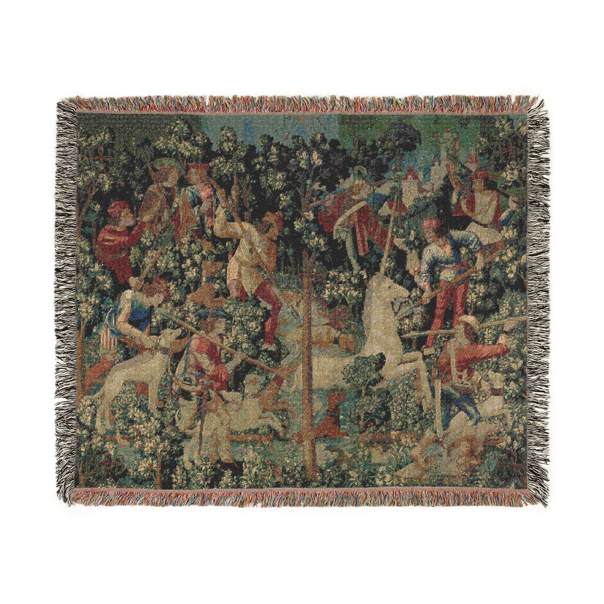 The Unicorn Crosses a Stream Woven Blanket, Medieval Unicorn Tapestry Art Throw