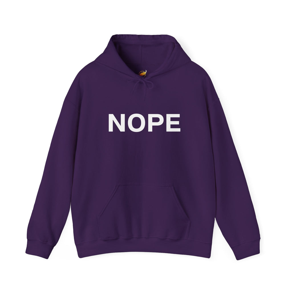 A purple pullover hoodie with the word 'NOPE' printed in bold white capital letters across the chest on a solid white background.