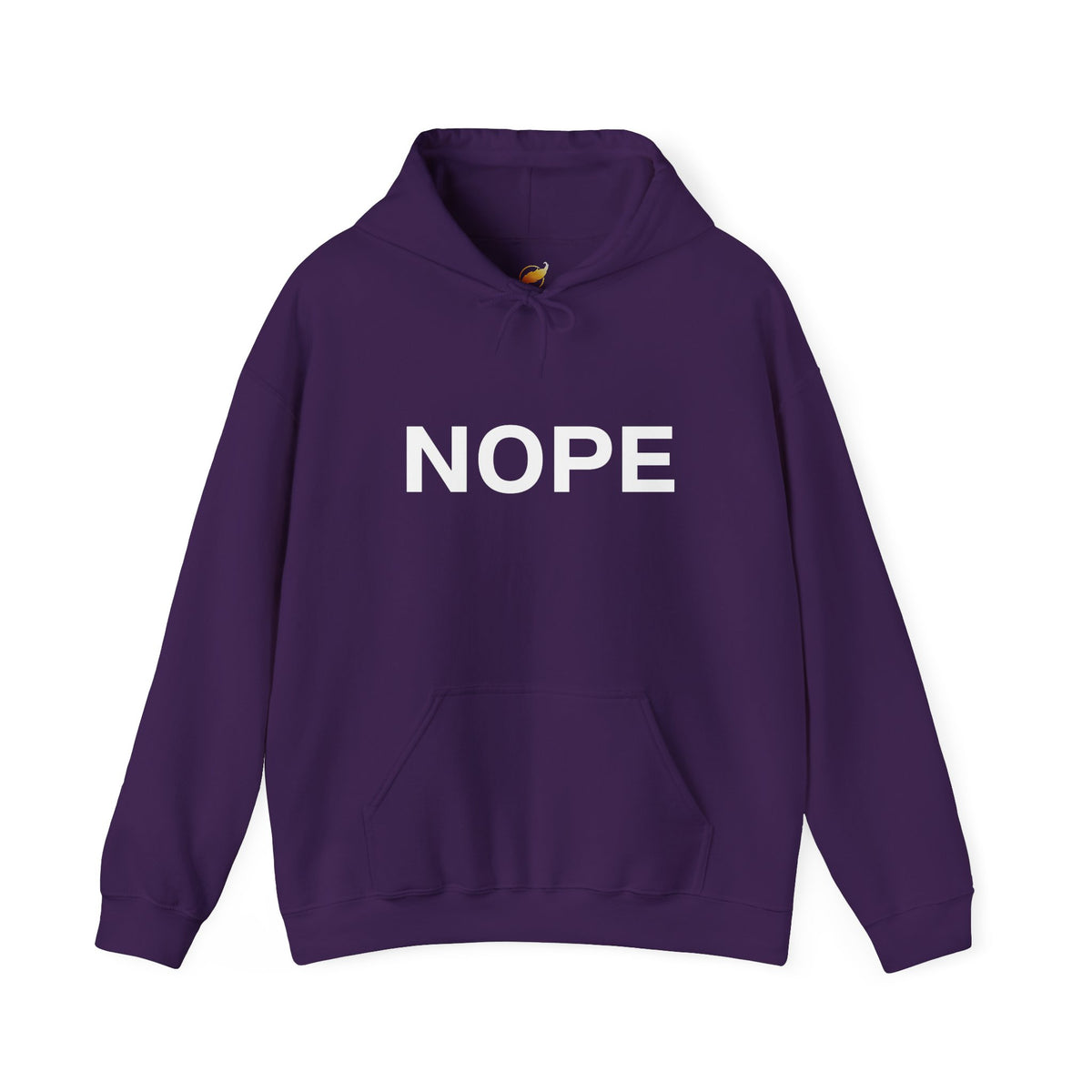 A purple pullover hoodie with the word 'NOPE' printed in bold white capital letters across the chest on a solid white background.