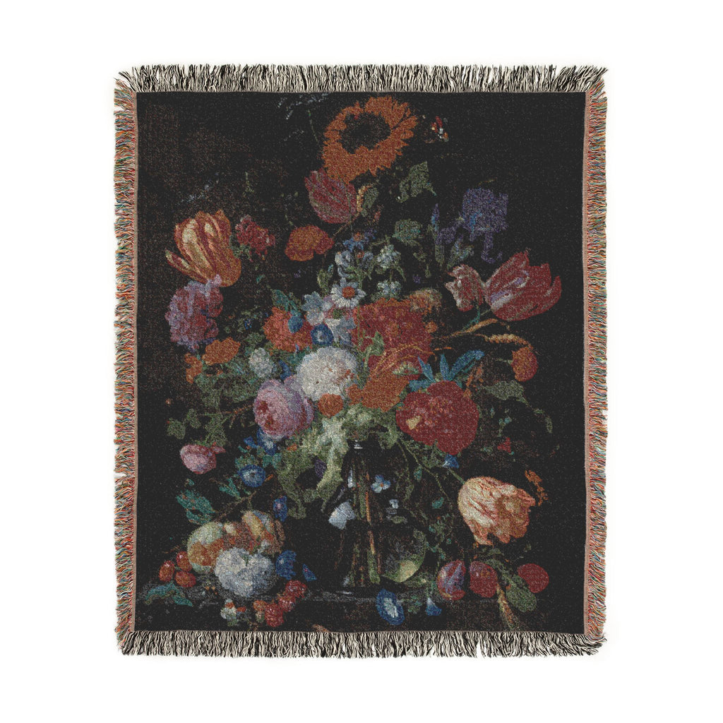 Glass Vase with Flowers and Fruit Woven Blanket, Jan Davidsz. de Heem, Dutch Still Life Art