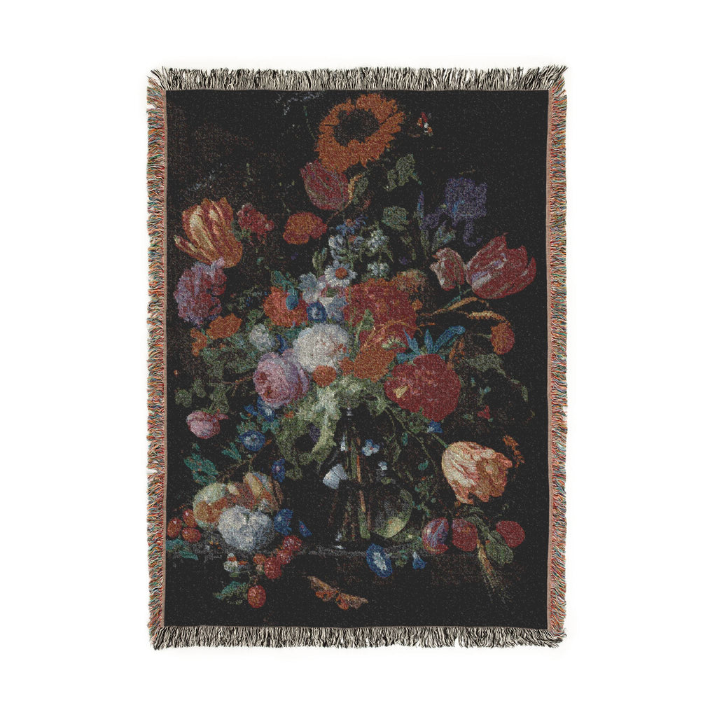 Glass Vase with Flowers and Fruit Woven Blanket, Jan Davidsz. de Heem, Dutch Still Life Art