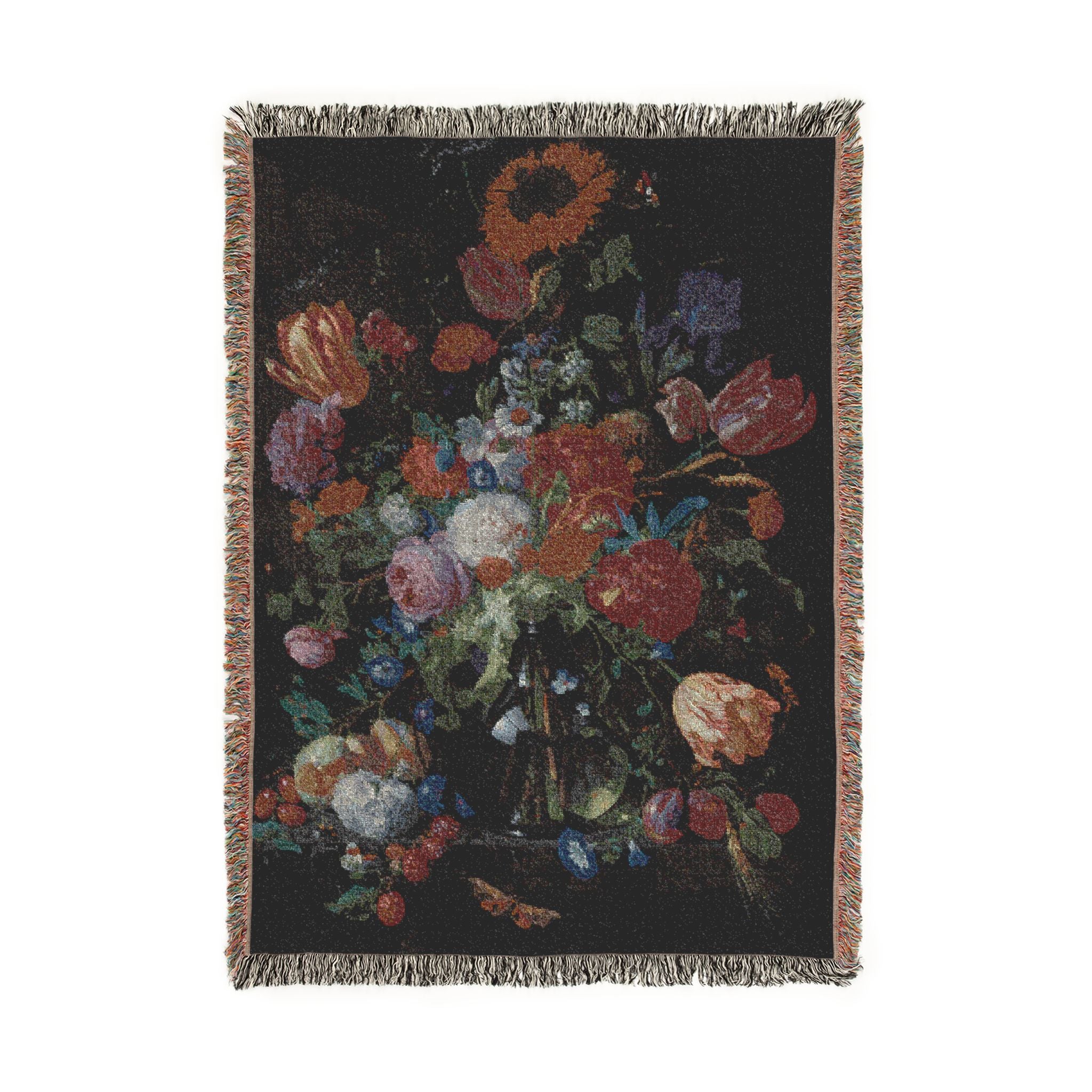 Glass Vase with Flowers and Fruit Woven Blanket, Jan Davidsz. de Heem, Dutch Still Life Art