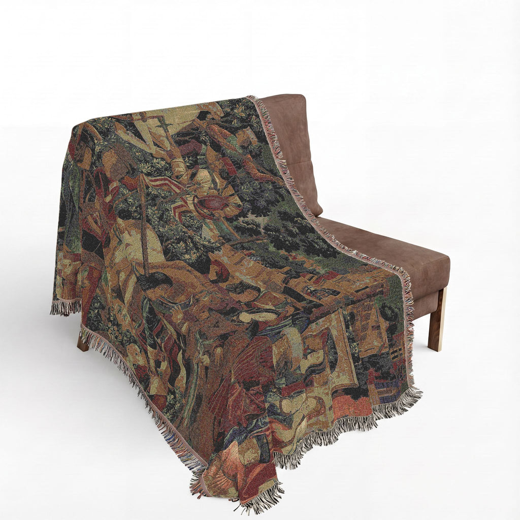 The Hunters Return to the Castle Woven Blanket, Medieval Unicorn Tapestry Art Throw