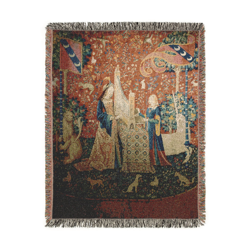 The Lady and the Unicorn Hearing Woven Blanket, Medieval Tapestry Art Throw