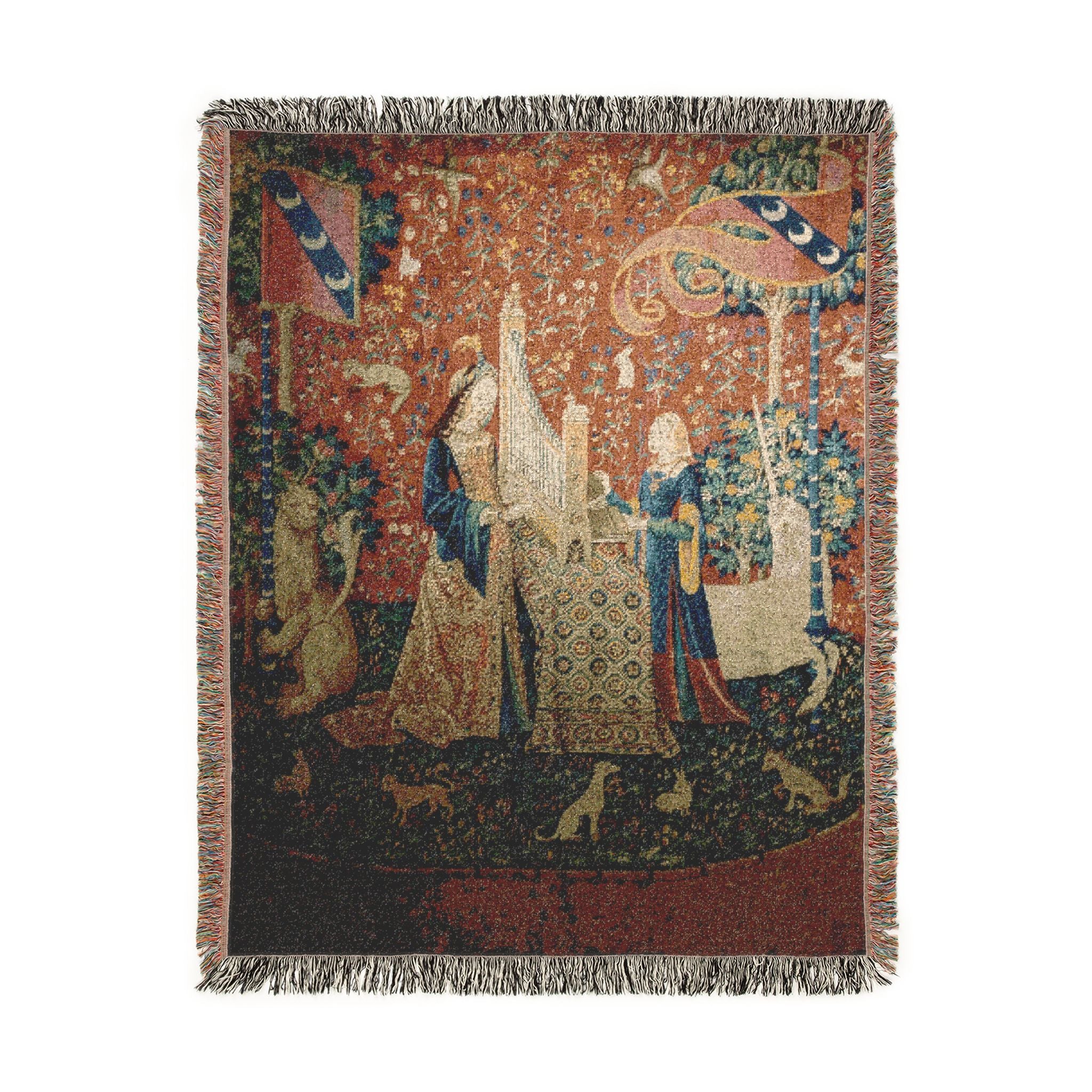 The Lady and the Unicorn Hearing Woven Blanket, Medieval Tapestry Art Throw