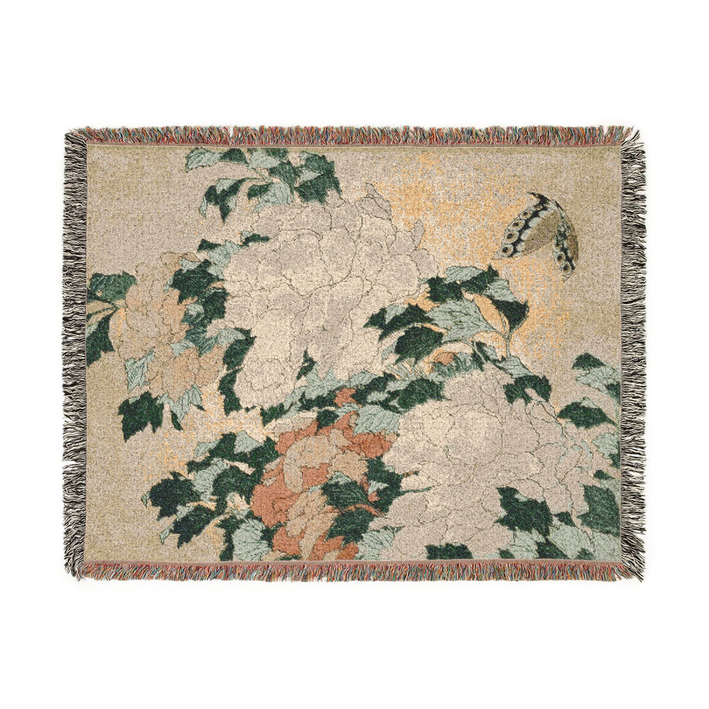 Peonies and Butterfly Woven Blanket, Katsushika Hokusai, Japanese Botanical Art Throw