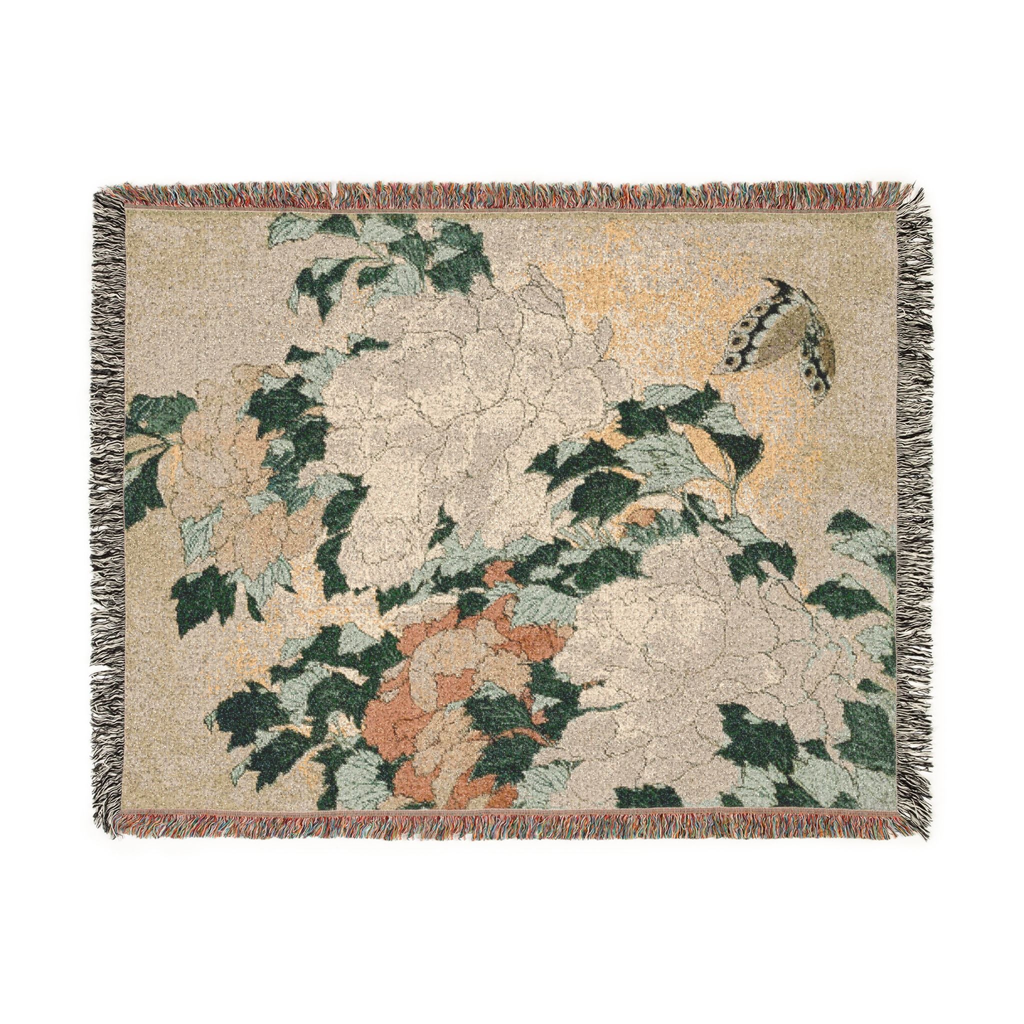 Peonies and Butterfly Woven Blanket, Katsushika Hokusai, Japanese Botanical Art Throw