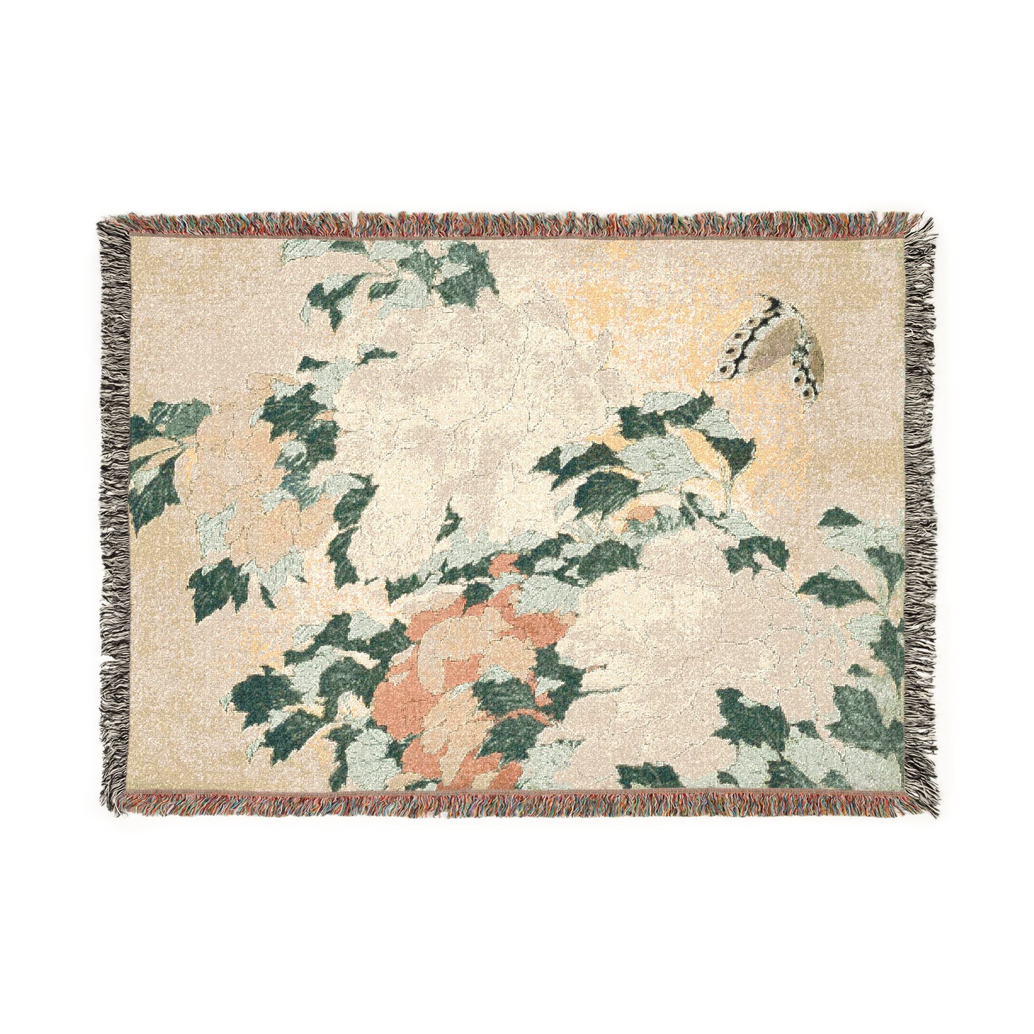 Peonies and Butterfly Woven Blanket, Katsushika Hokusai, Japanese Botanical Art Throw