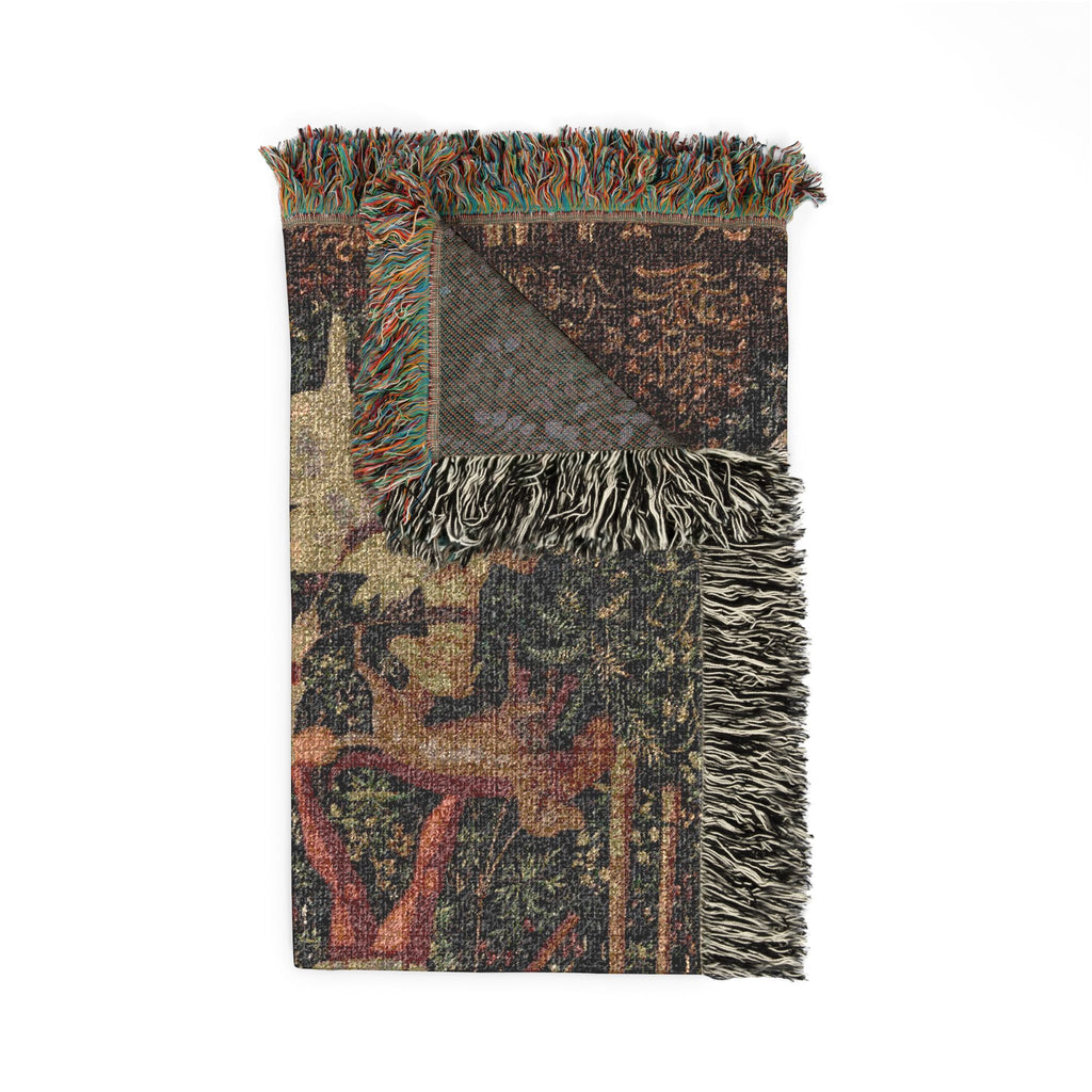 The Hunters Enter the Woods Woven Blanket, Medieval Unicorn Tapestry Art Throw